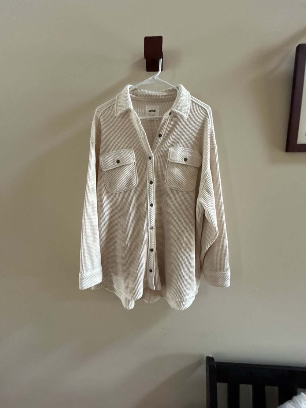 Aerie Lumberjane Waffle Shirt Size S Beige Long Sleeve Shacket